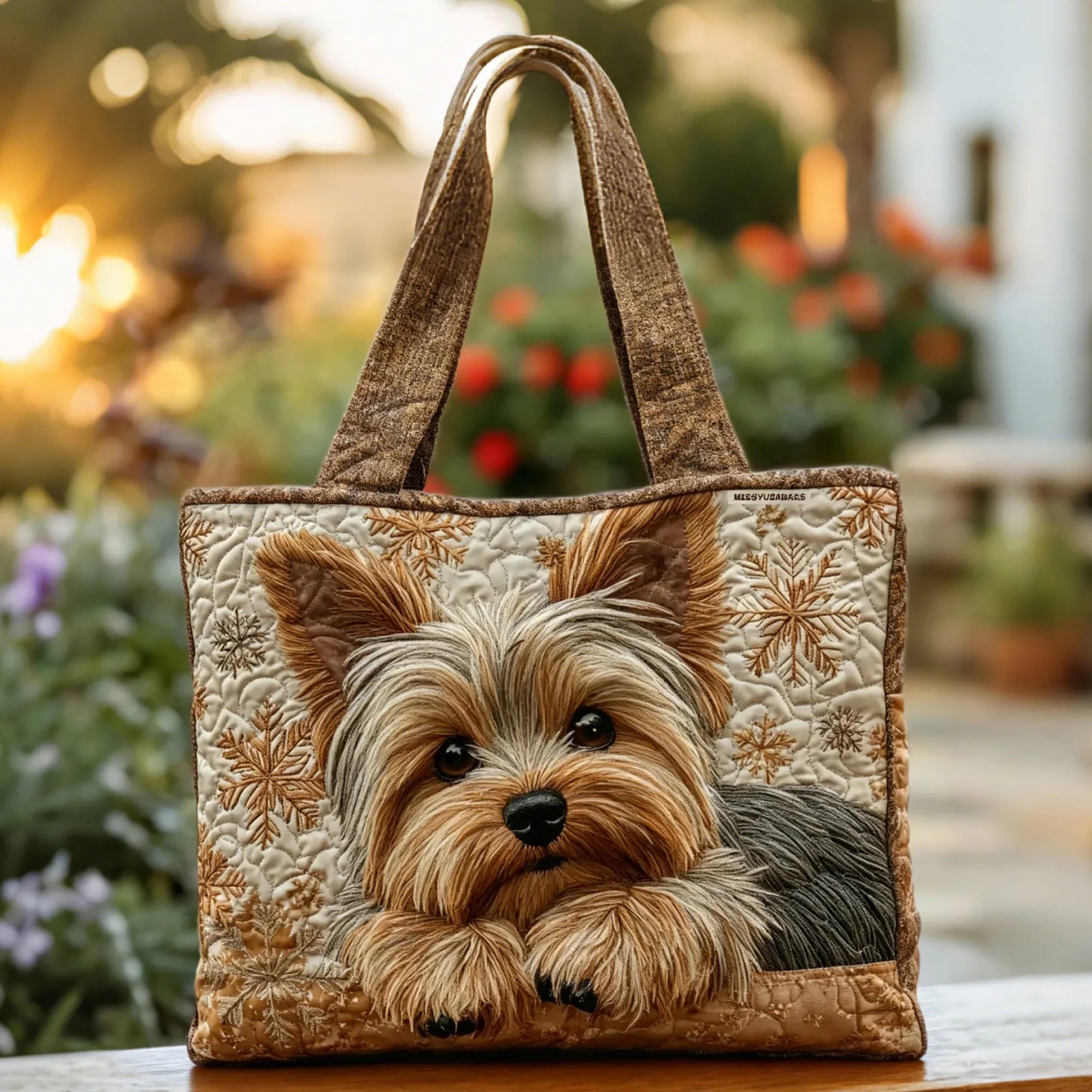 Håndlaget skinnende yorkie-veske