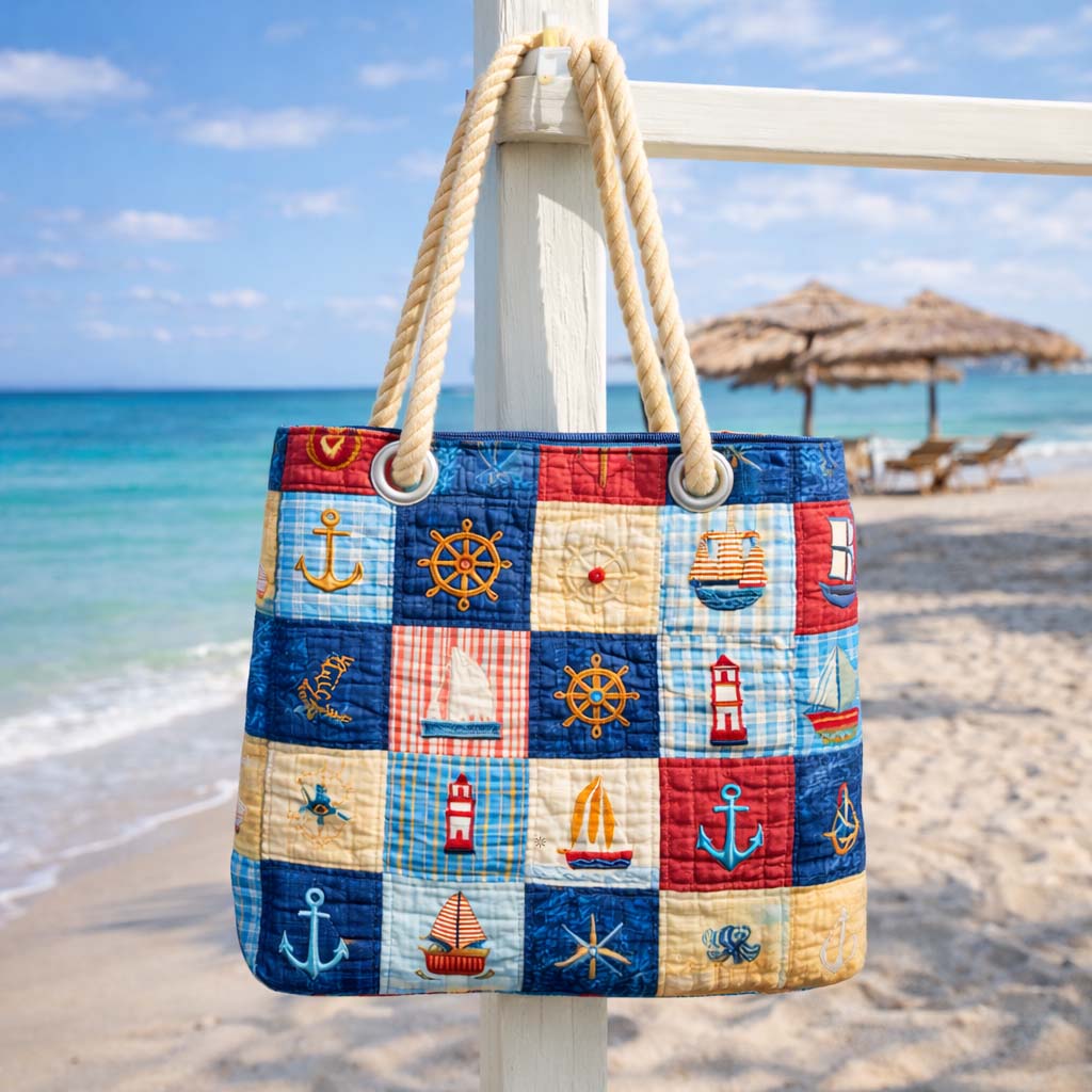 Håndlaget strandveske | Marine patchwork