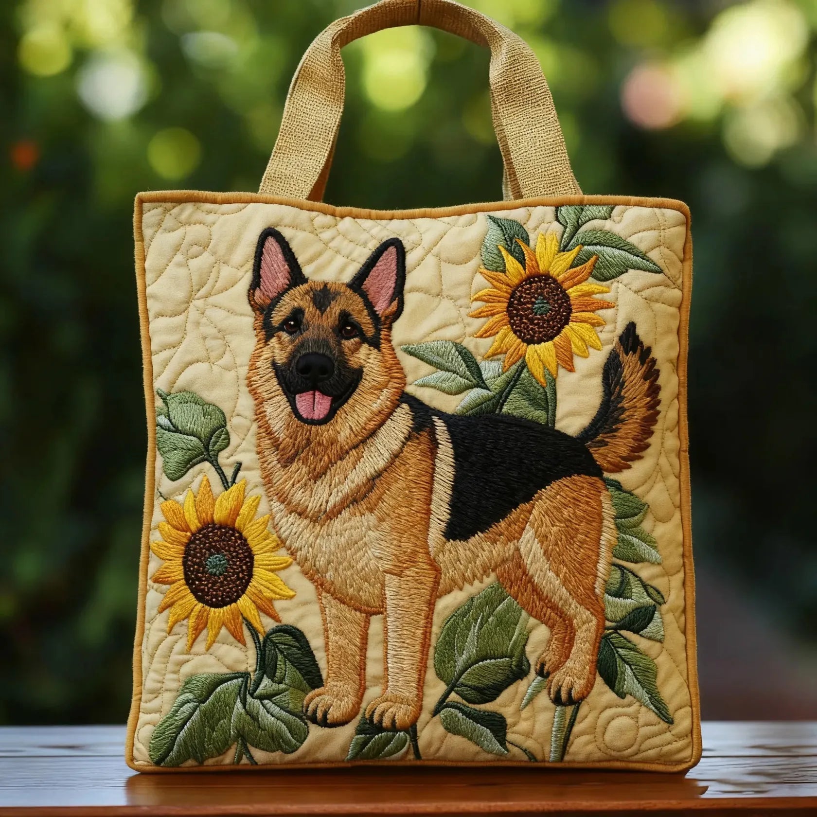 Håndlaget veske med schäferhund og blomster